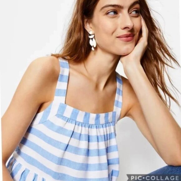 LOFT • blue white striped babydoll sleeveless top - Picture 1 of 9